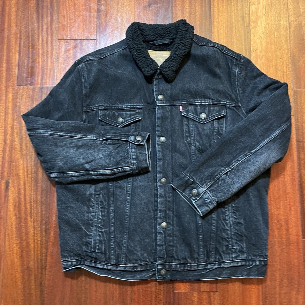 Levis Trucker Jacket Mens XXL 2XL Black Gray Premium Type 3 Sherpa Lined EUC
